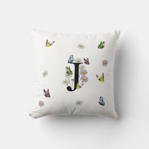 Cojín Decorativo Letra J Monograma de mariposa floral inicial