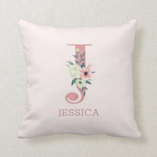 Cojín Decorativo Letra J Monograma Floral Acuarela Rosa Guardería
