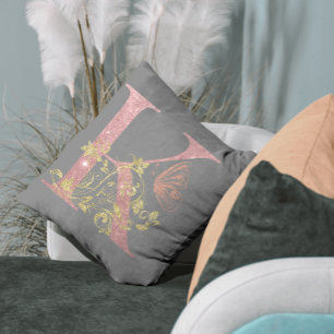 Cojín Decorativo Letra K de purpurina rosa elegante