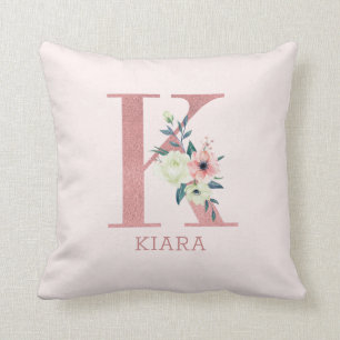 Cojín Decorativo Letra K Monograma Floral Acuarela Rosa Guardería