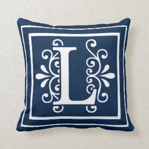 Cojín Decorativo Letra L blanco de los azules marinos del monograma