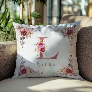 Cojín Decorativo Letra L Monograma Floral de Oro Rosa Personalizada