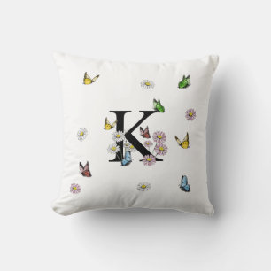 Cojín Decorativo Letra M mariposa floral monograma lanzamiento inic