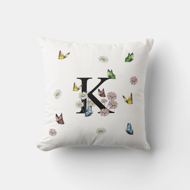 Cojín Decorativo Letra M mariposa floral monograma lanzamiento inic (Anverso)