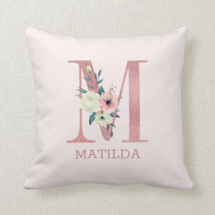 Cojín Decorativo Letra M Monograma Floral Acuarela Rosa Guardería