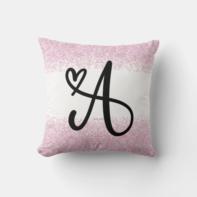 Cojín Decorativo Letra monograma A con purpurina rosa cepillado (Anverso)