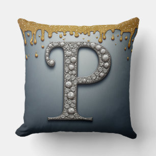 Cojín Decorativo Letra Monograma P Pintura Goteante Dorada Marina