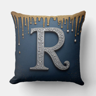 Cojín Decorativo Letra Monograma R Diseño Inicial de Perla Dorada d
