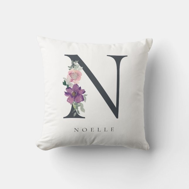 Cojín Decorativo Letra morada acuarela floral N monograma (Anverso)