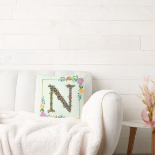Cojín Decorativo Letra N del alfabeto floral