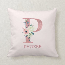 Cojín Decorativo Letra P Acuarela Rosa Floral Monogramo Nursera