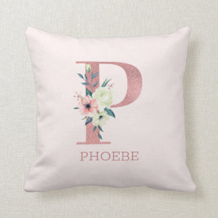Cojín Decorativo Letra P Rosa Acuarela Floral Monograma Guardería