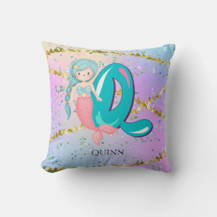 Cojín Decorativo Letra Q Monograma Acuarela Cute Sirena Nursera