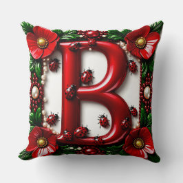 Cojín Decorativo 🐞 Letra Roja B Mariquitas Amapolas Perlas