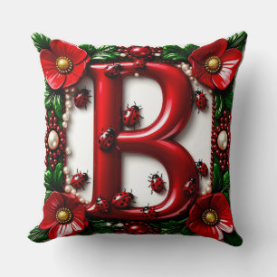 Cojín Decorativo 🐞 Letra Roja B Mariquitas Amapolas Perlas 