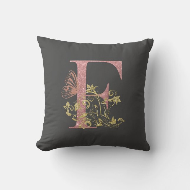 Cojín Decorativo Letra rosa Purpurina floral F (Anverso)