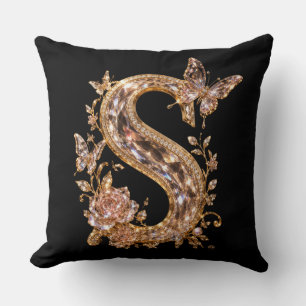 Cojín Decorativo Letra S de cristal dorado real   Monograma de lujo