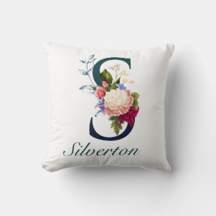 Cojín Decorativo Letra S monograma de la marina floral brillante