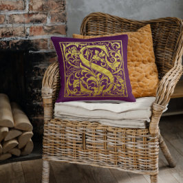 Cojín Decorativo Letra S Primera Letra Faux Gold Púrpura