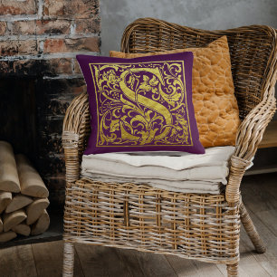 Cojín Decorativo Letra S Primera Letra Faux Gold Púrpura