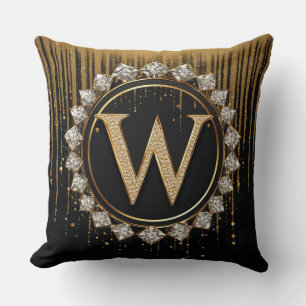 Cojín Decorativo Letra W de Monograma con Brillo Negro para Invitac