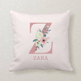 Cojín Decorativo Letra Z Acuarela Rosa Floral Monograma Nursera