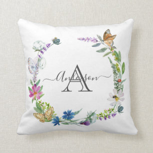 Cojín Decorativo Letras de Monograma Caligrafía Mariposas Flores