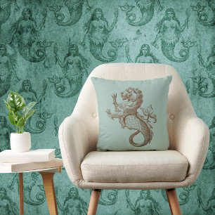 Cojín Decorativo Leyenda del mar de Mer-Lion vintage sobre el verde