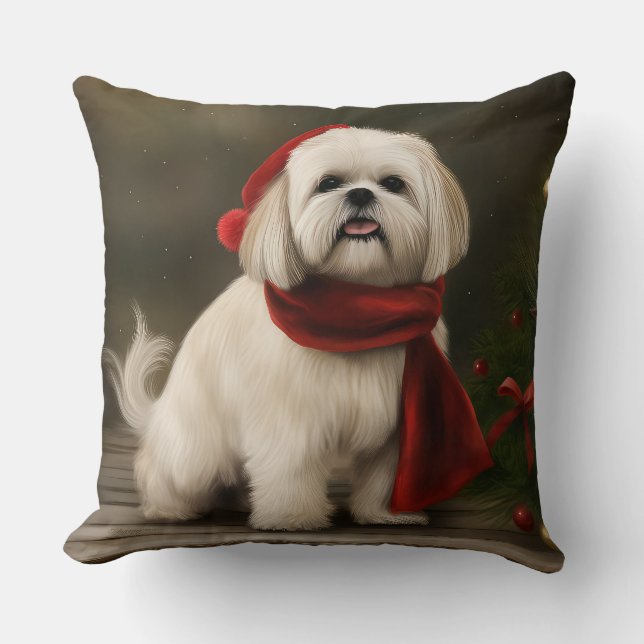Cojín Decorativo Lhasa Apso Perro en Navidad Nieve (Anverso)