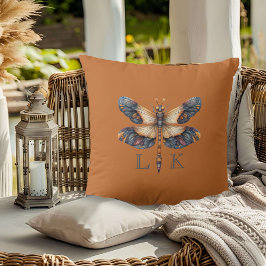Cojín Decorativo Libélula de arte popular con monograma naranja púr