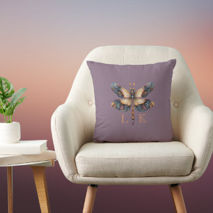 Cojín Decorativo Libélula de arte popular con monograma púrpura azu
