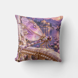 Cojín Decorativo Libélula Violeta Preciosa Balcón Lago Atardecer