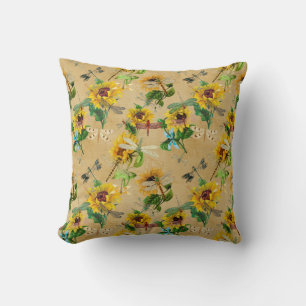 Cojín Decorativo Libélulas y Girasoles Amarillo Verde Marrón
