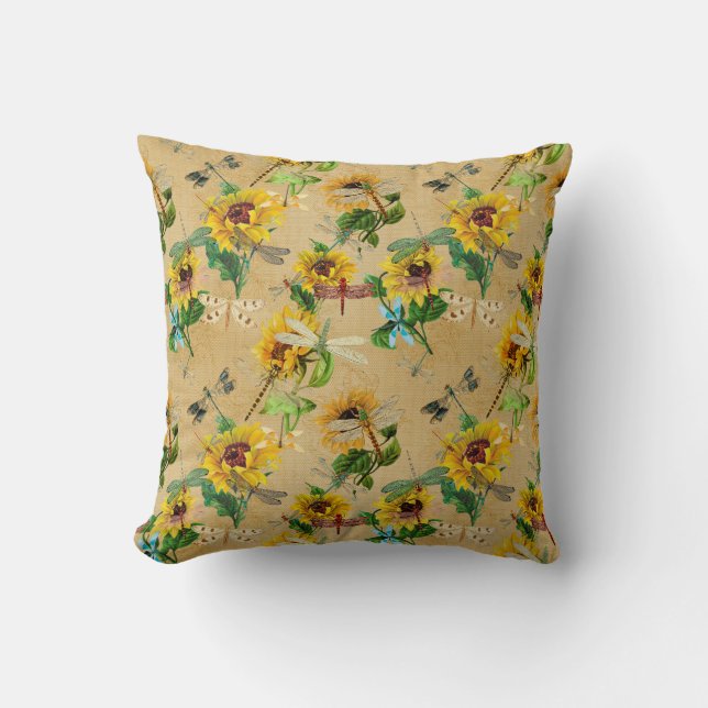 Cojín Decorativo Libélulas y Girasoles Amarillo Verde Marrón (Anverso)