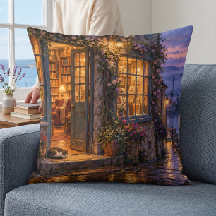 Cojín Decorativo Librería Cozy Harbor al anochecer