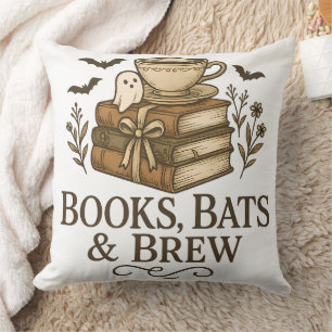 Cojín Decorativo Libros Bats Brew Halloween Lector de Café Arte