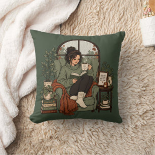 Cojín Decorativo Libros de Café Chica Acogedora Días Lluviosos Dise