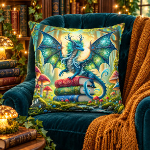 Cojín Decorativo Libros de Dragón Mágico & Hongos Fantasía