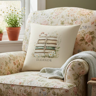 Cojín Decorativo Libros vintage en acuarela y flores silvestres 