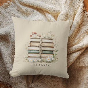 Cojín Decorativo Libros vintage en acuarela y flores silvestres 