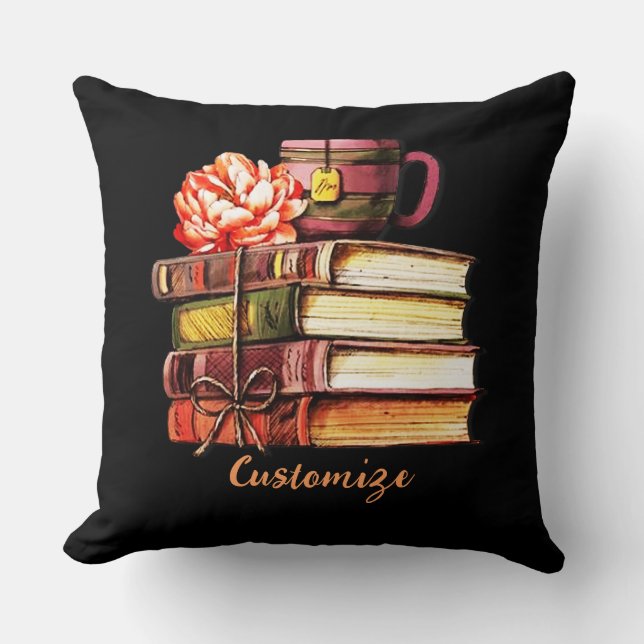 Cojín Decorativo Libros Y Té Negros Personalizados (Anverso)