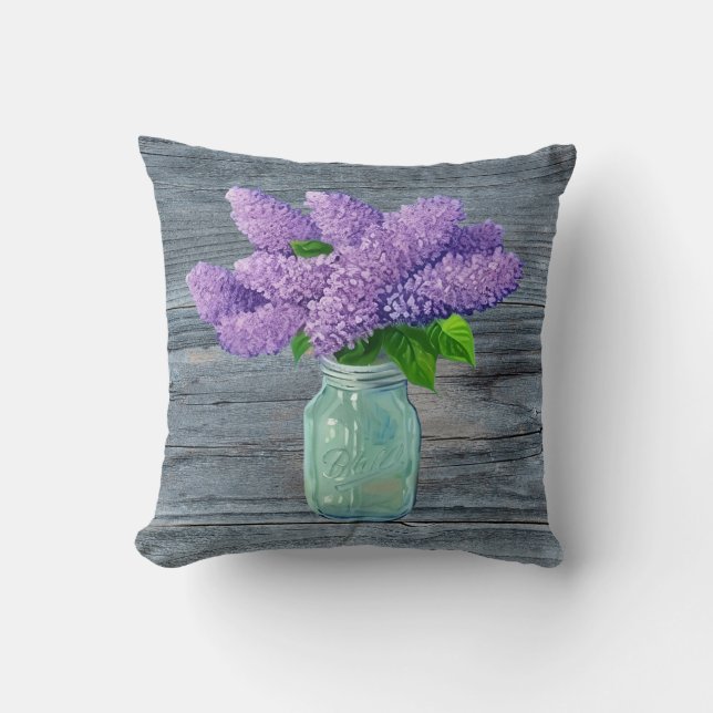 Cojín Decorativo Lilacs En Mason Jar Rústico (Anverso)