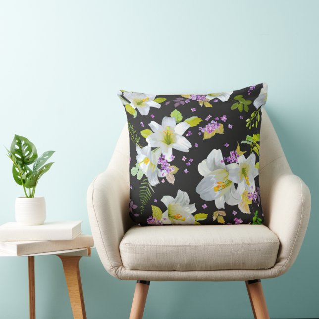 Cojín Decorativo Lilis blancas sobre el patrón floral negro (Silla)