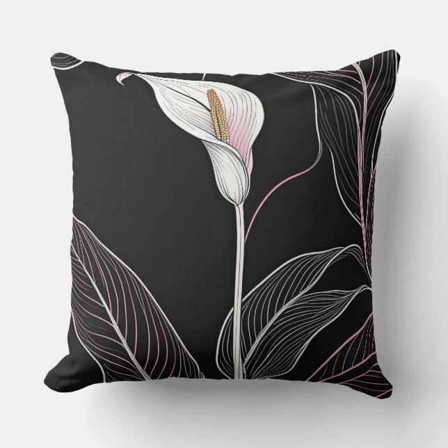 Cojín Decorativo Lilis blancas y rosadas sobre negro (Anverso)