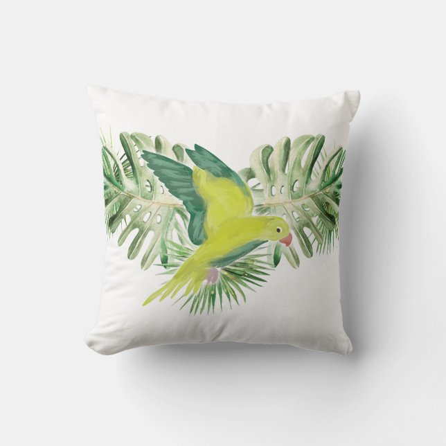 Cojín Decorativo Lime Green Parrot con hojas tropicales (Anverso)