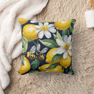 Cojín Decorativo Limones amarillos frescos con abejas ocupadas y fl