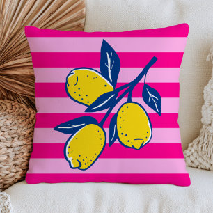 Cojín Decorativo Limones Amarillos sobre Rayas Rosadas Fruta Cítric