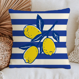 Cojín Decorativo Limones Fruta Cítrica Rayas Azules Mediterráneo