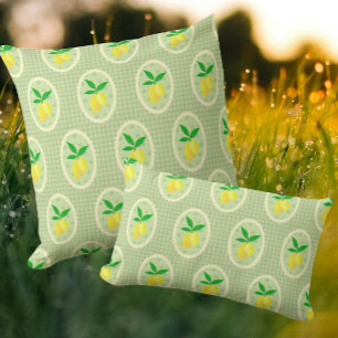 Cojín Decorativo Limones Soleados Retro sobre Gingham Verde