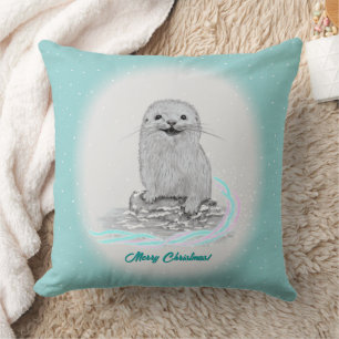 Cojín Decorativo Linda cría de nutria de mar blanca, Feliz Navidad